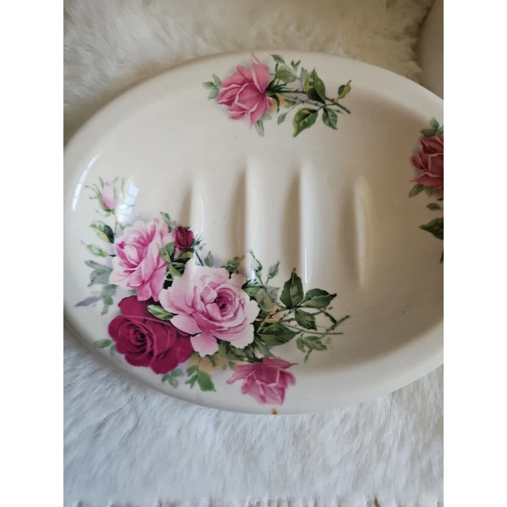 Vintage Crowne Oaks Designs Rose Floral Porcelain Toothbrush Holder & Soap Dish
